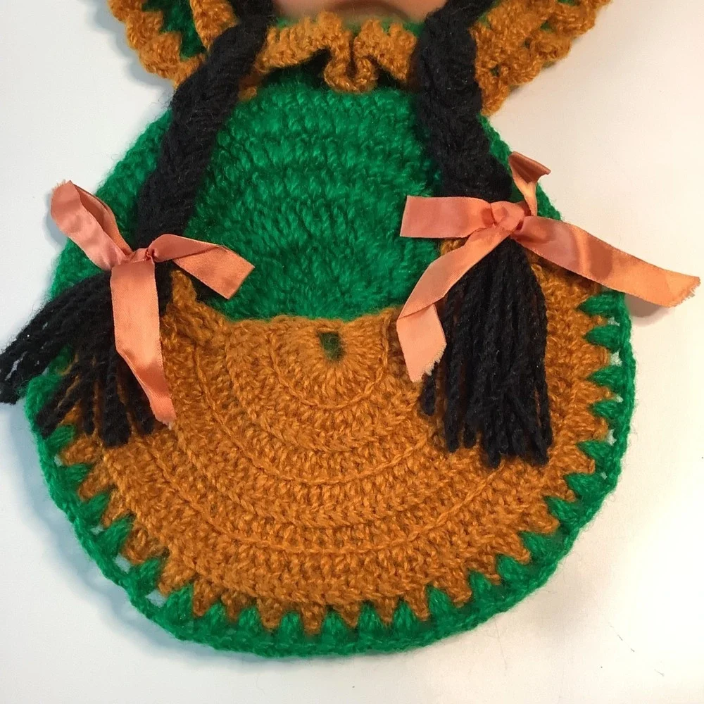 Vintage Wall Hanging Hand‎ Crochet Doll Face Potholder Pocket